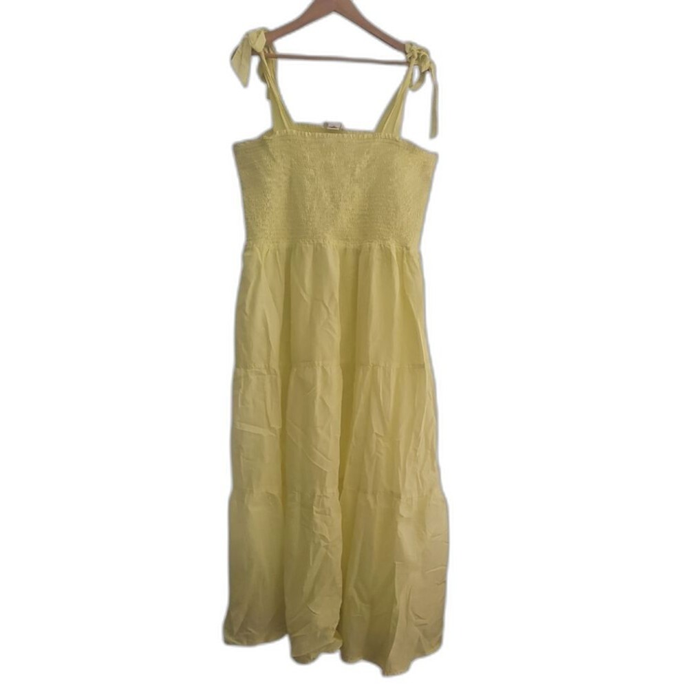 For The Republic Yellow Smocked Cotton Maxi Dress XL Tie Strap Cottagecore